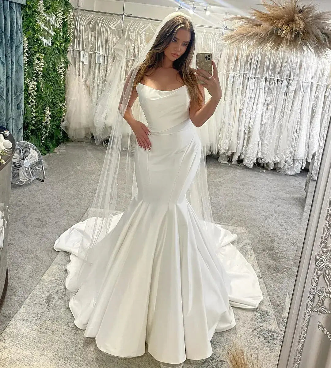Floor Length Strapless Satin Beach Wedding Gown Mermaid Sleeveless