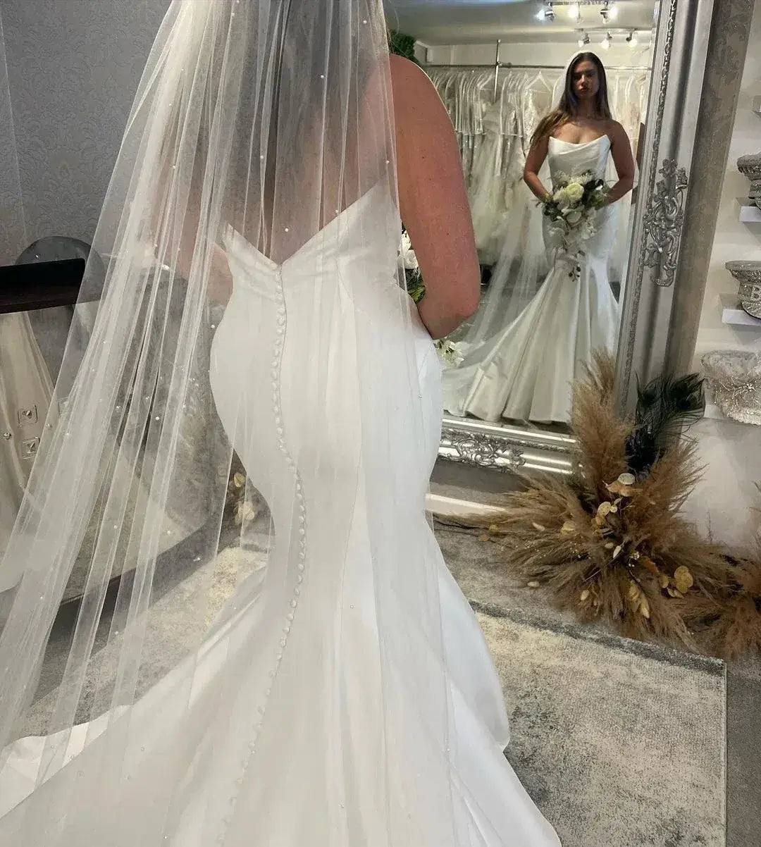 Floor Length Strapless Satin Beach Wedding Gown Mermaid Sleeveless