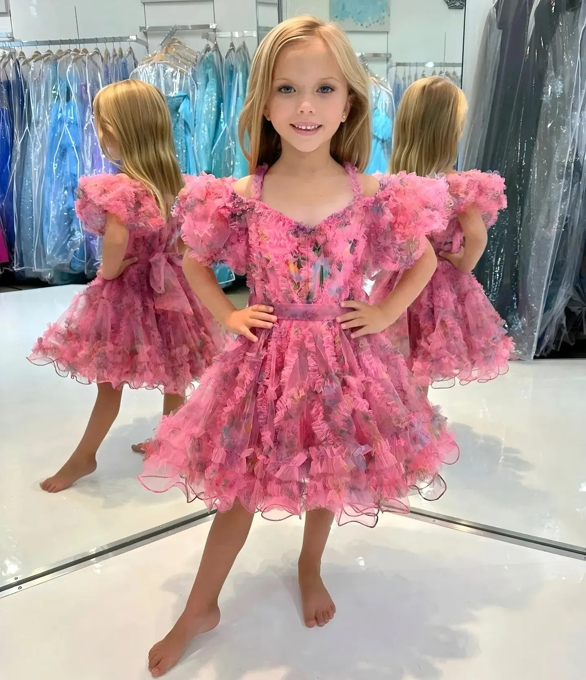Floral Flower Girl Dress Short Sleeves Pageant Dresses For Sale