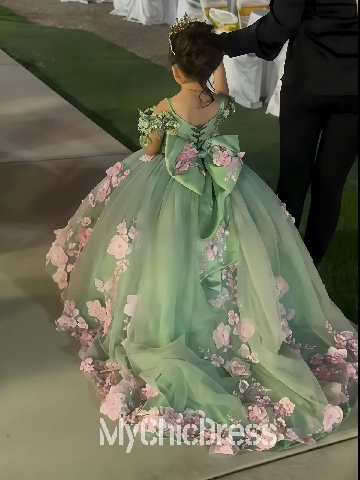 Floral Pageant Ball Gowns Off the Shoulder Green Flowers Girl Dress with Bow