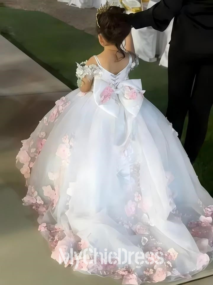 White flower girl dress with pink floral