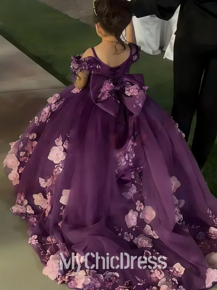 Floral Pageant Ball Gowns Off the Shoulder Purple Flowers Girl Dress with Bow