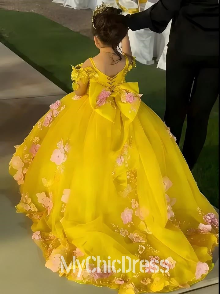 Floral Pageant Ball Gowns Off the Shoulder Yellow Flowers Girl Dress with Bow