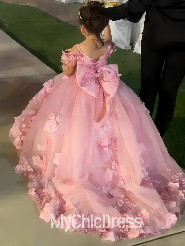 Pink Floral Pageant Ball Gowns Off the Shoulder Flowers Girl Dress with Bow