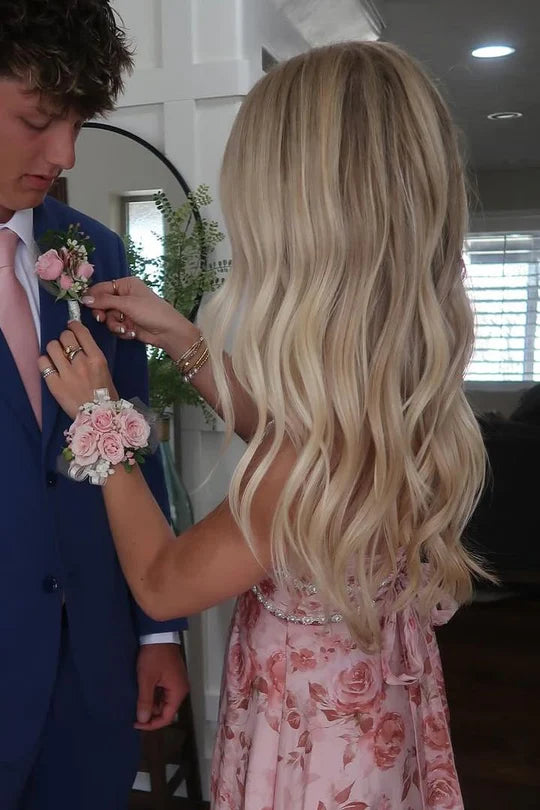 Hot Pink Floral Halter Long Prom Dress with Ruffles Beads