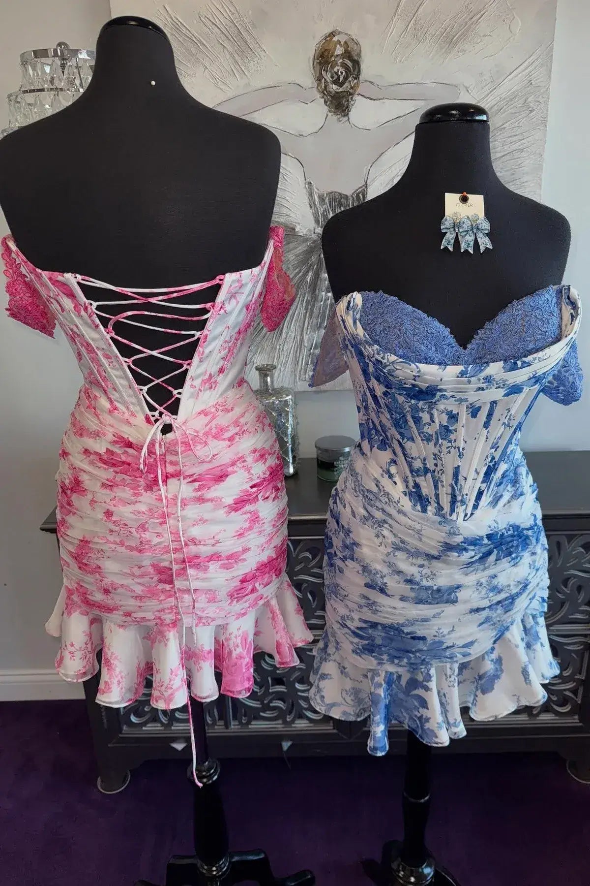 Floral Print Short Prom Dress Off-shoulder Mermaid Mini Hoco Dress