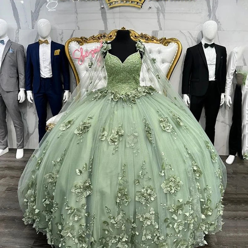 Floral Sage Green Quinceanera Dresses Lace Flowers with Cape