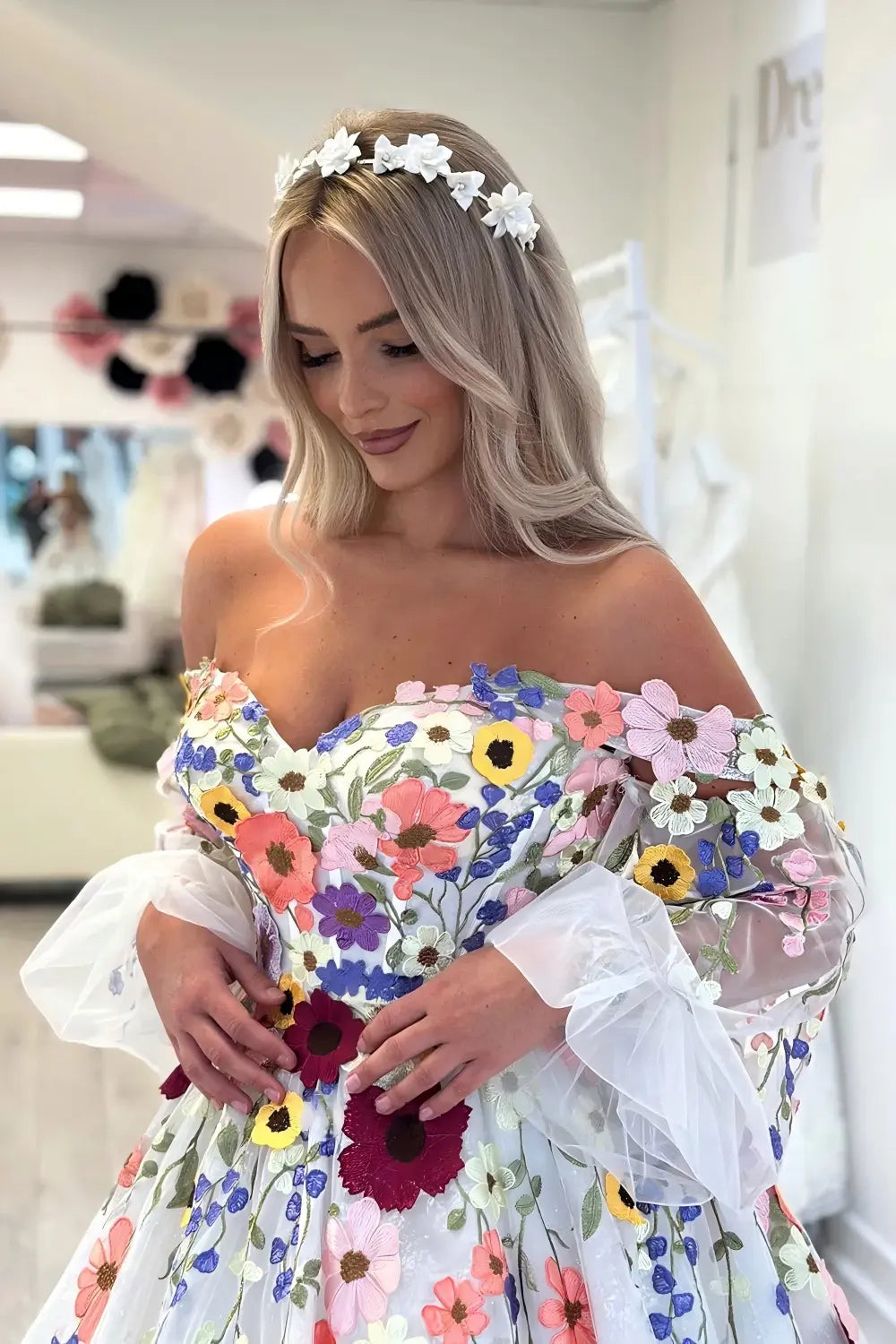 A Line Puff Sleeves Beach Wedding Dresses 3D Florals Off Shoulder