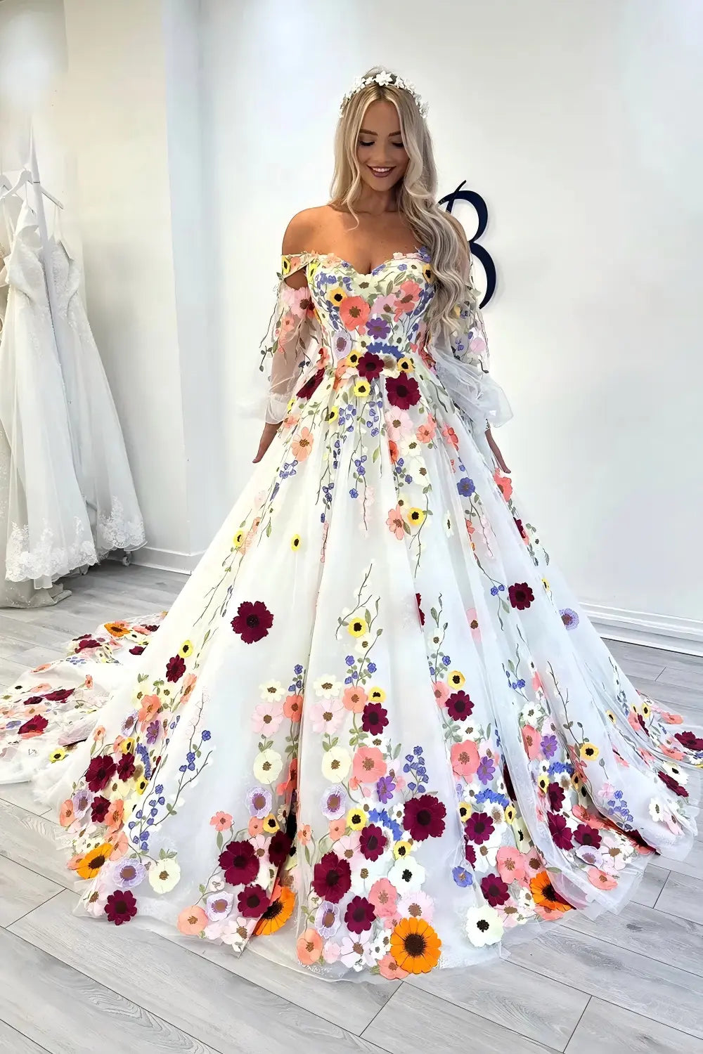A Line Puff Sleeves Beach Wedding Dresses 3D Florals Off Shoulder