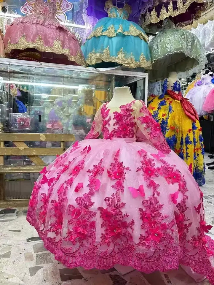 Ball Gown Long Sleeve Flower Girl Dress with 3D Floral Butterfly Appliqué