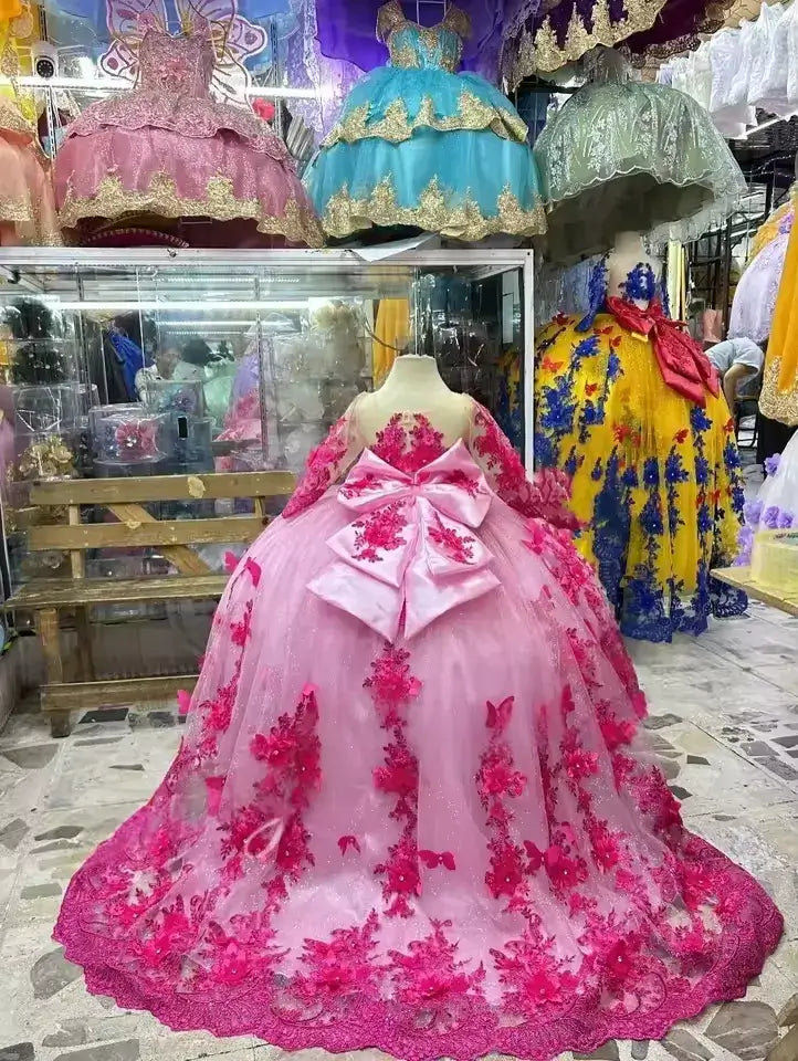 Ball Gown Long Sleeve Flower Girl Dress with 3D Floral Butterfly Appliqué