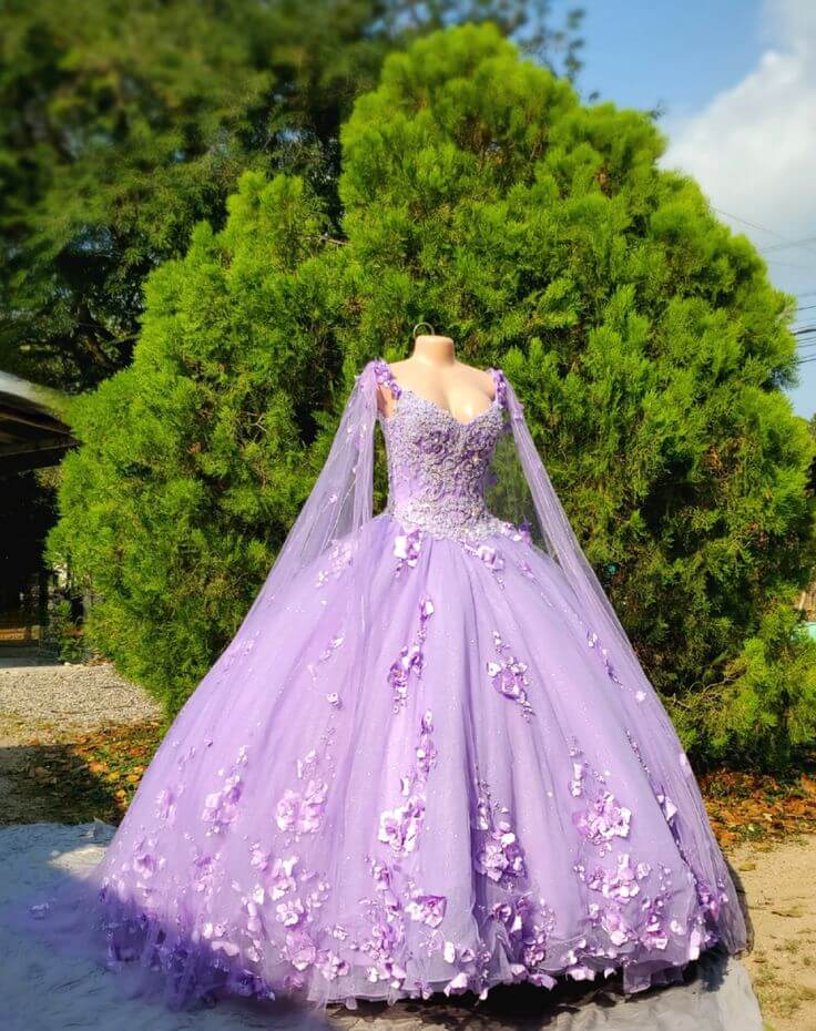 Lavender ball gown quinceanera dress with floral embellishments