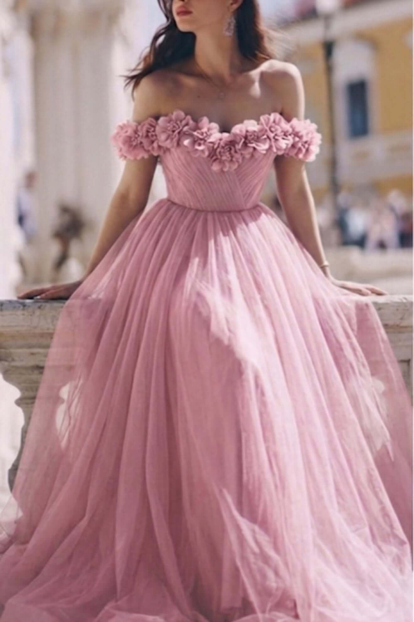 Off-Shoulder Corset Tulle Pink Formal Dress with 3D flowers