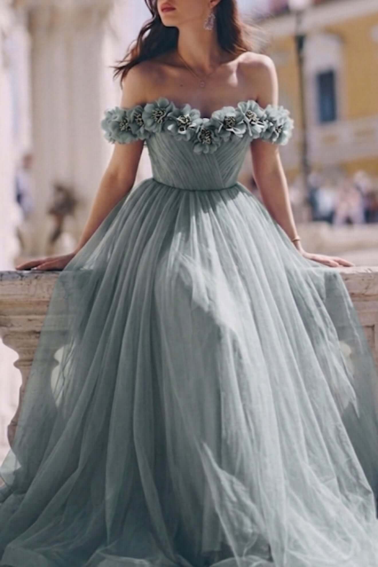 Off-Shoulder Corset Tulle Pink Formal Dress with 3D flowers