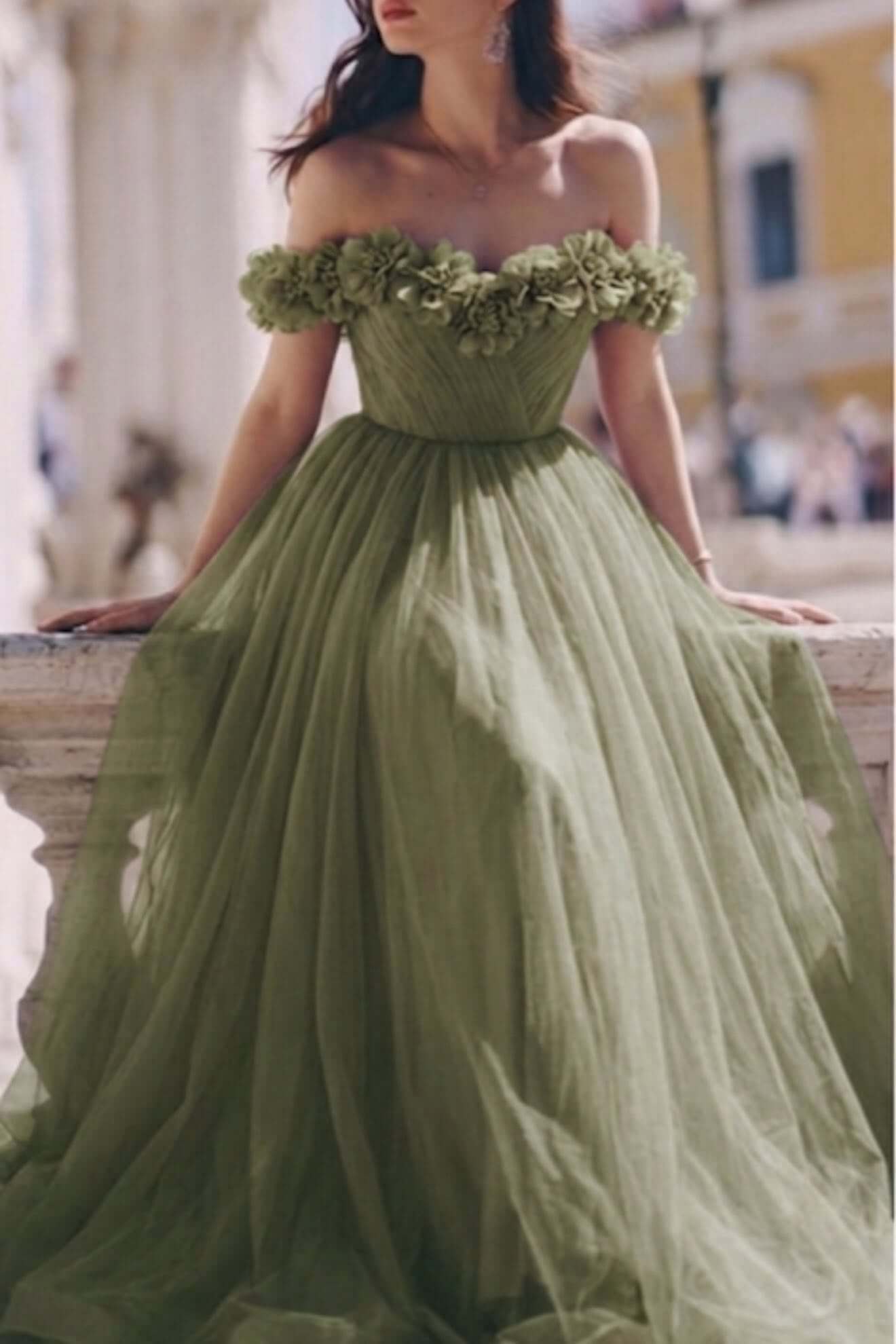Off-Shoulder Corset Tulle Pink Formal Dress with 3D flowers