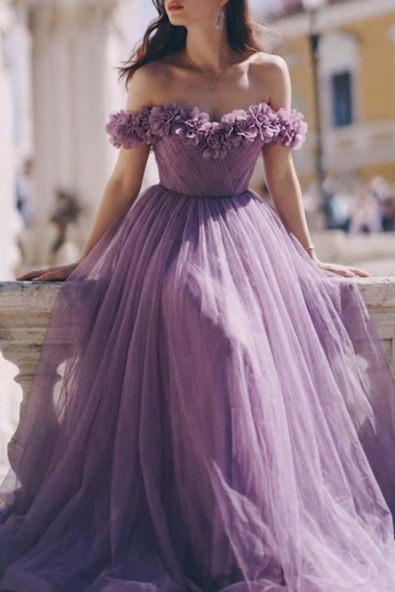 Off-Shoulder Corset Tulle Pink Formal Dress with 3D flowers