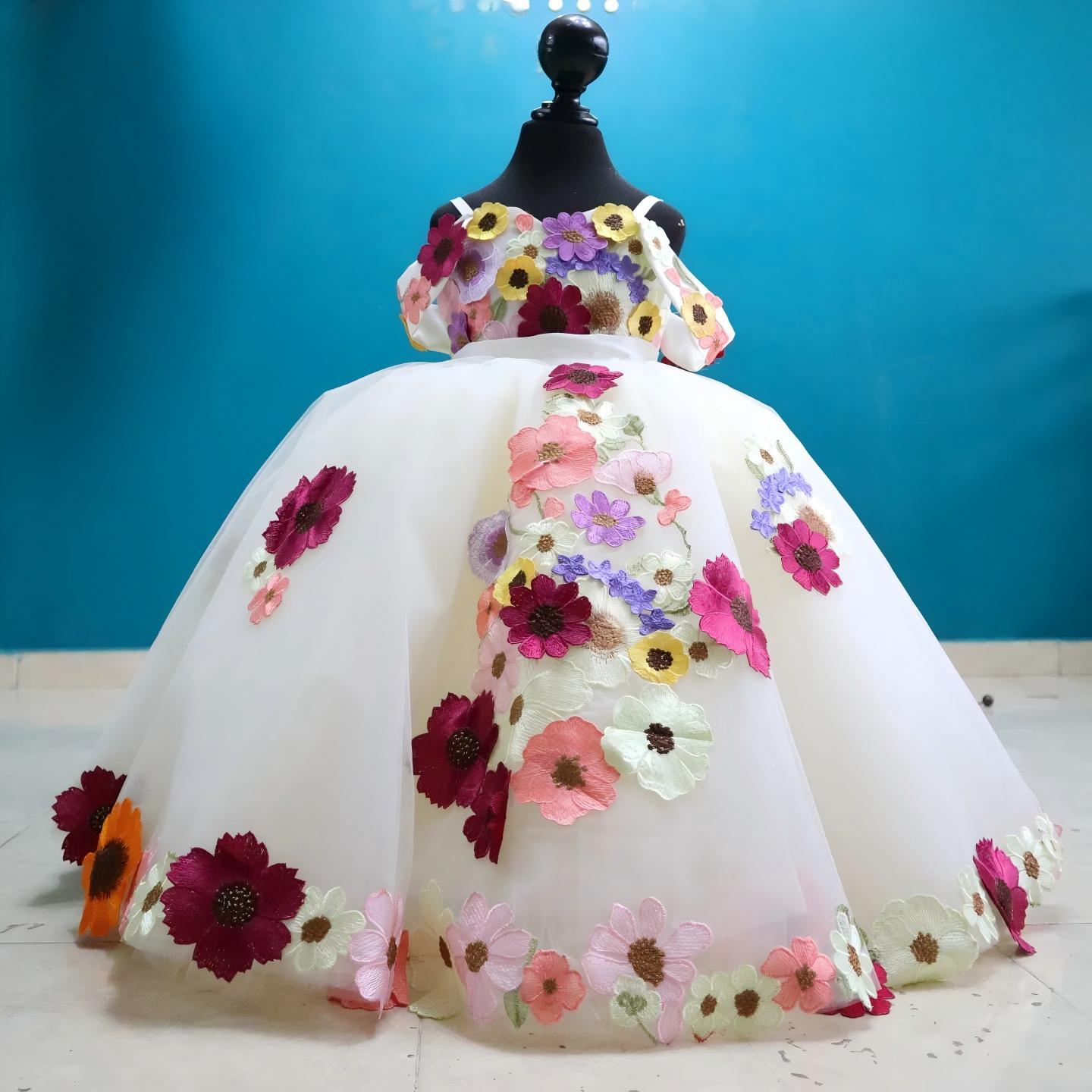 Cute Ball Gown White Flower Girl Dresses with Colorful Flowers