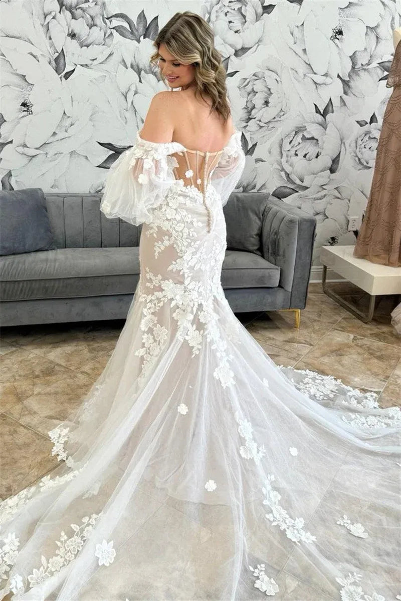 Flowy Lace Wedding Dresses with Sleeves Off-The-Shoulder Mermaid