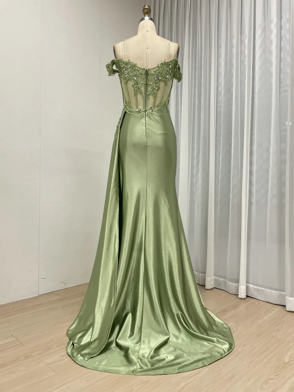 Sage Green Formal Dress Off the Shoulder Mermaid Prom Dress Appliques