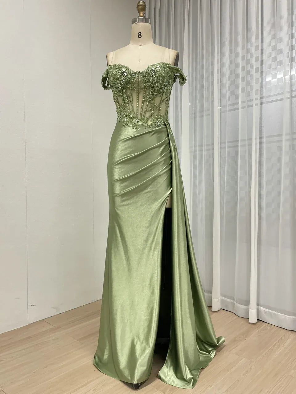 Sage Green Formal Dress Off the Shoulder Mermaid Prom Dress Appliques