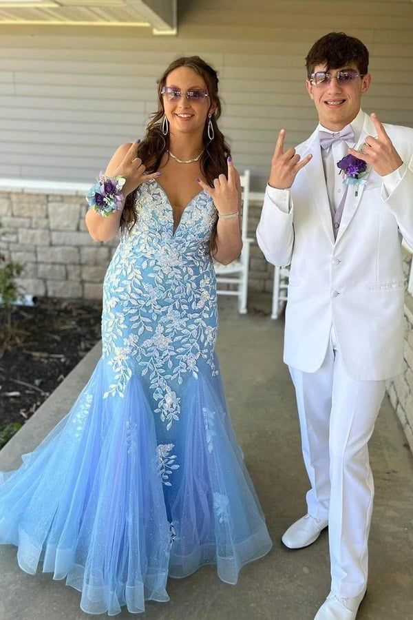 Long Mermaid Blue Evening Gowns Lace Prom Dresses UK
