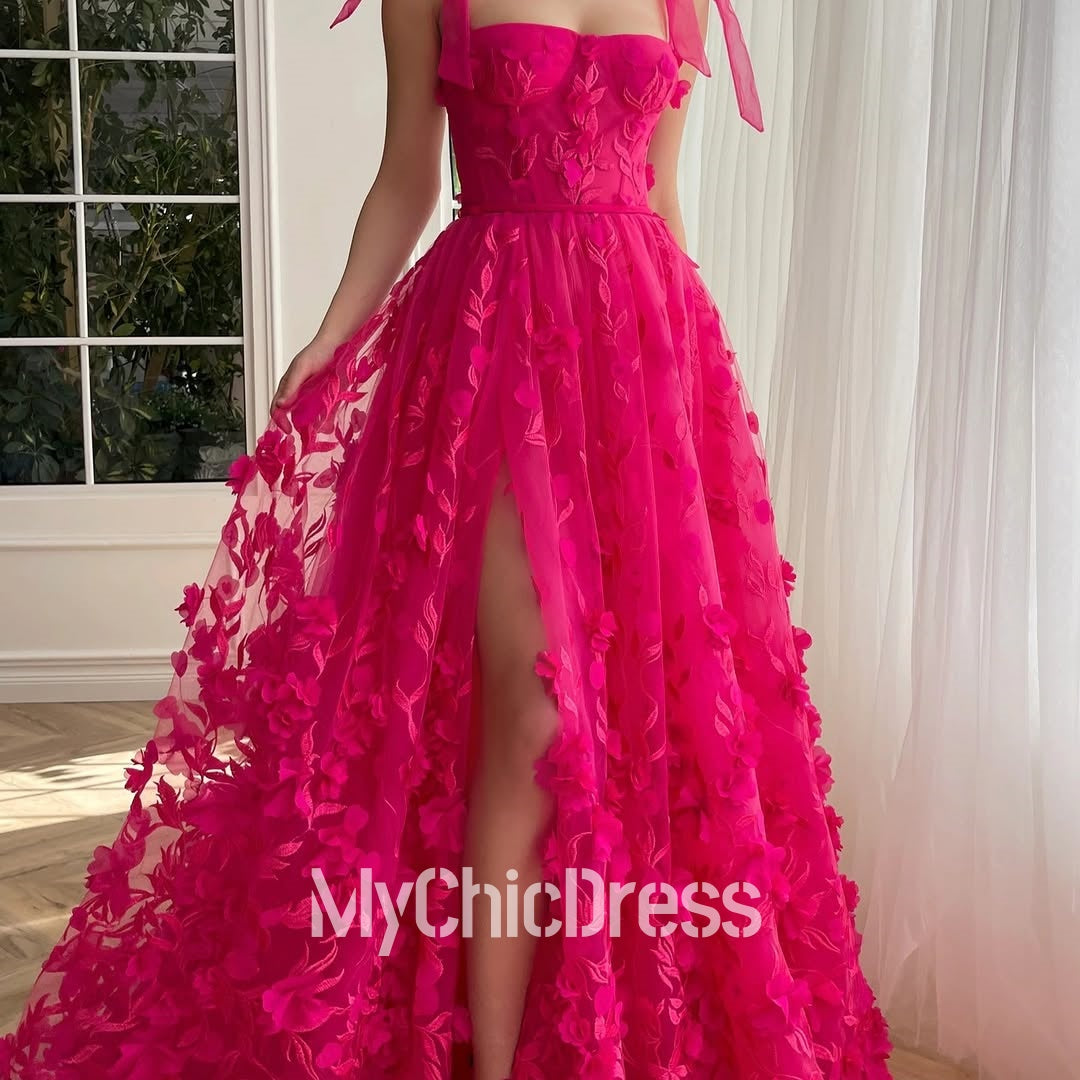 Fuchsia Floral Prom Dress A-line High Split Summer Dress Mychicdress