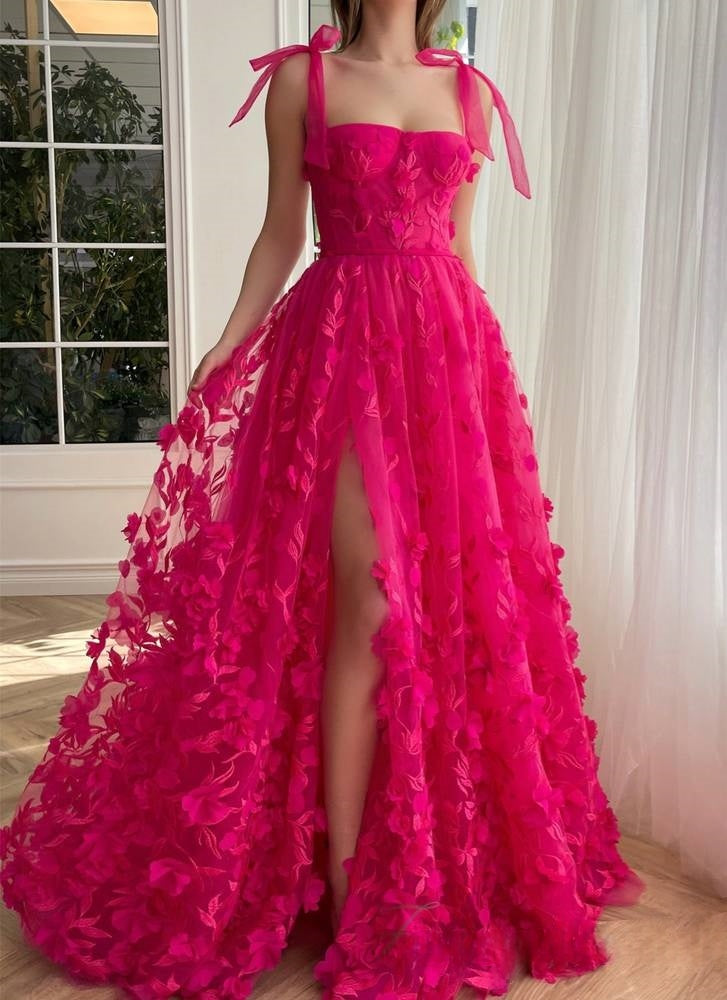 A-line Fuchsia Floral Prom Dress High Split Summer Dress Mychicdress