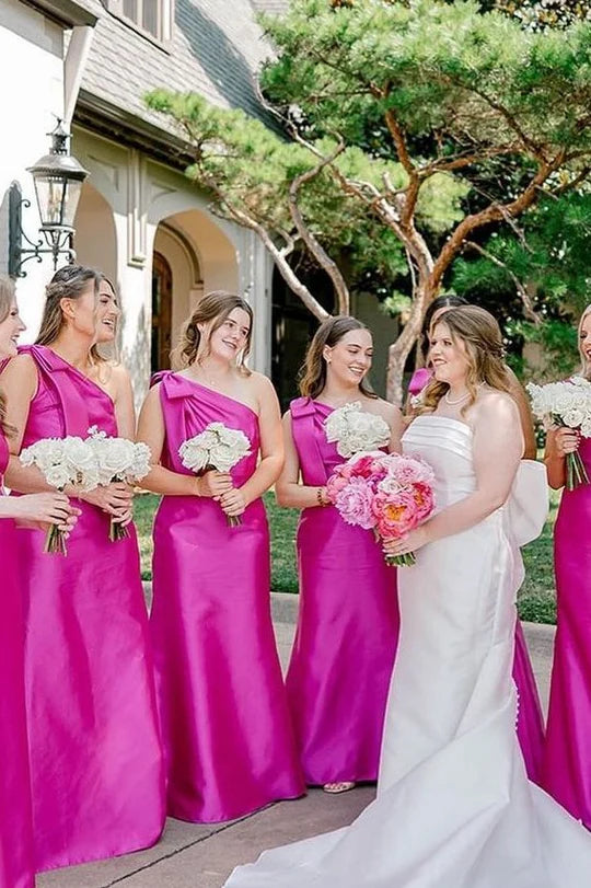 One-Shoulder fuchsia Bridesmaids Dress with Bow Strap