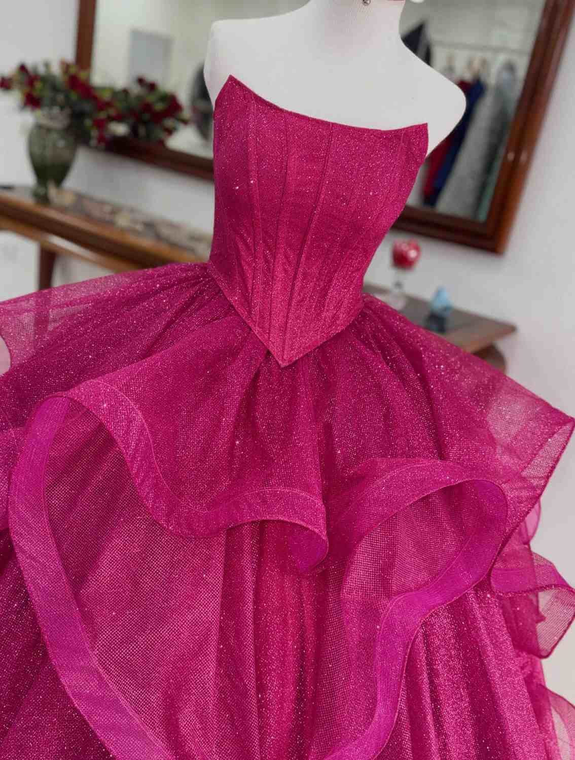 Fuchsia Ruffled Prom Dress Strapless Tiered Ball Gowns Fitted Bodice Sweet 16 Dress