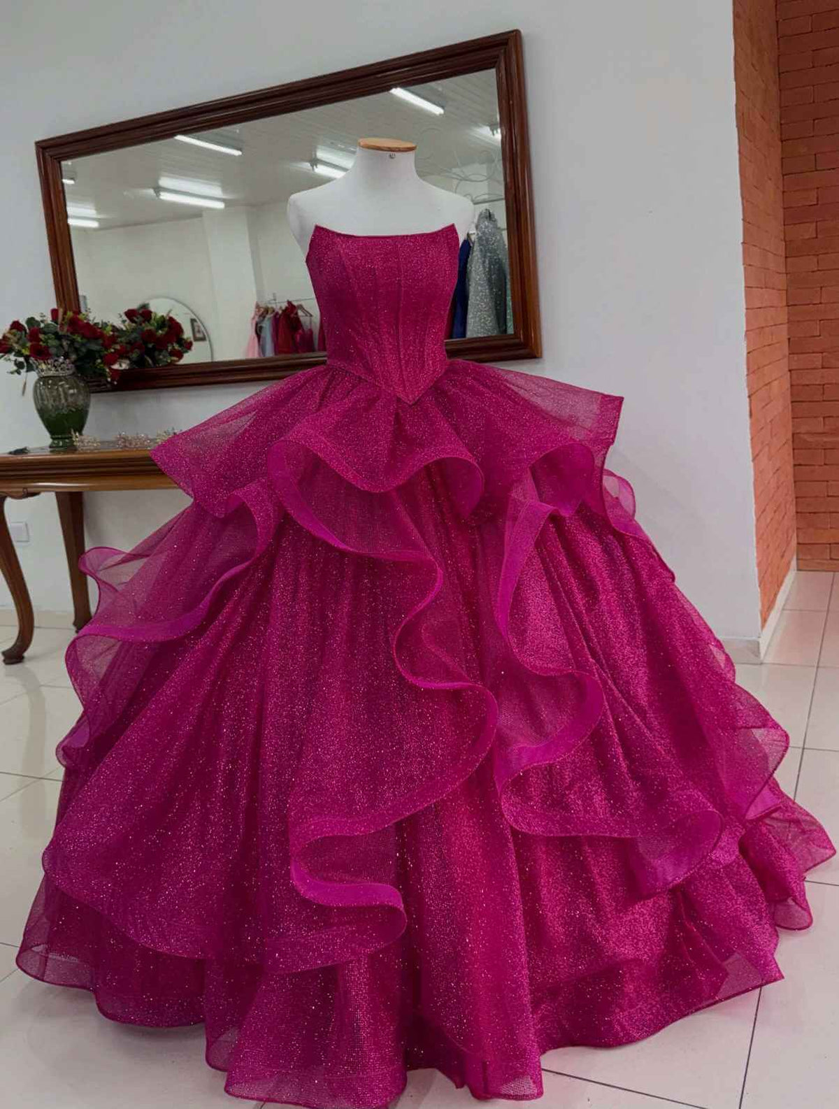 Fuchsia Ruffled Prom Dress Strapless Tiered Ball Gowns Fitted Bodice Sweet 16 Dress