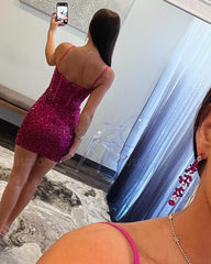 Fuchsia Sequin Homecoming Dress Tighted Spaghetti Straps