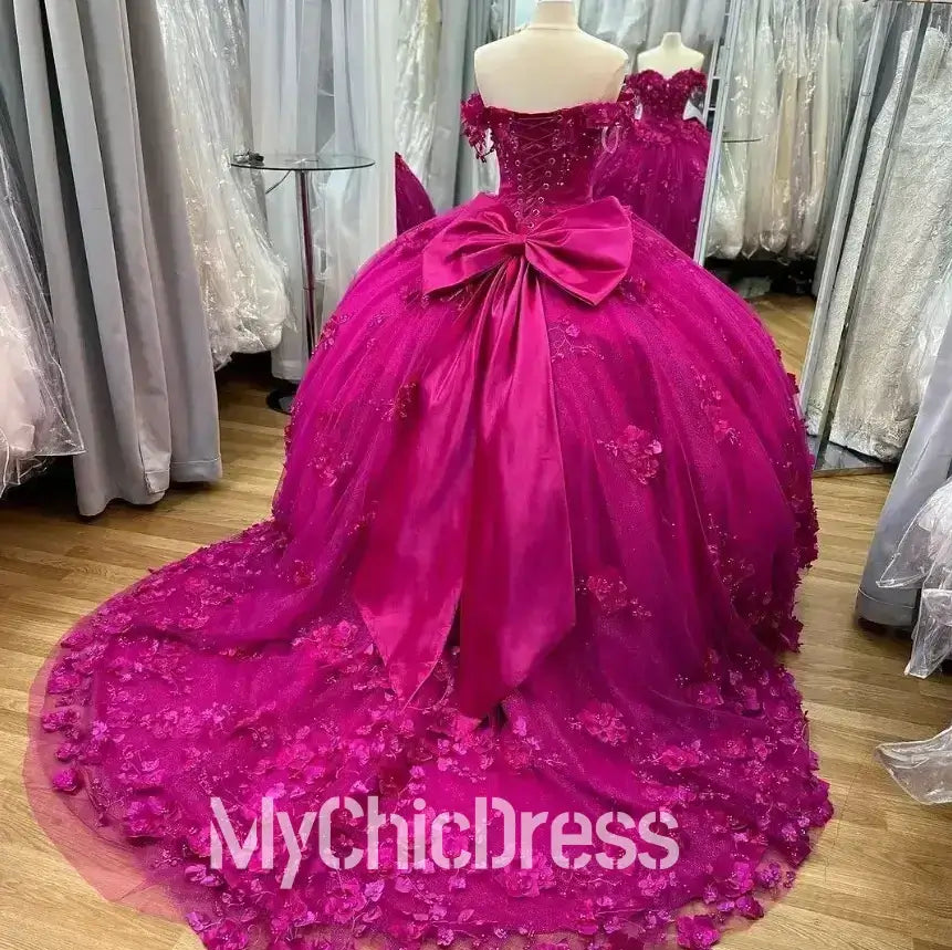 Fuchsia Floral Quinceanera Dresses With Big Bow Sweet 15 Birthday Party