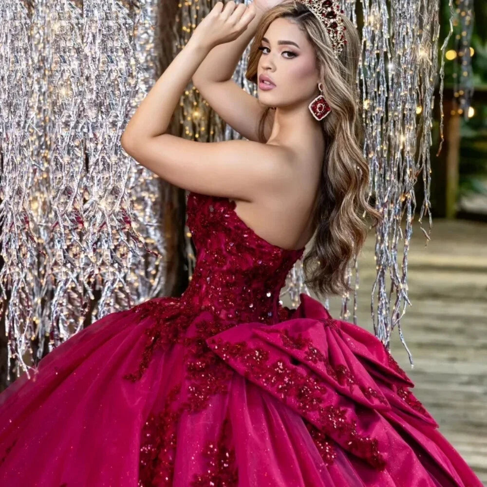 Fuchsia Sweet 16 Birthday Ball Gown Quinceanera Dresses Applique Bow