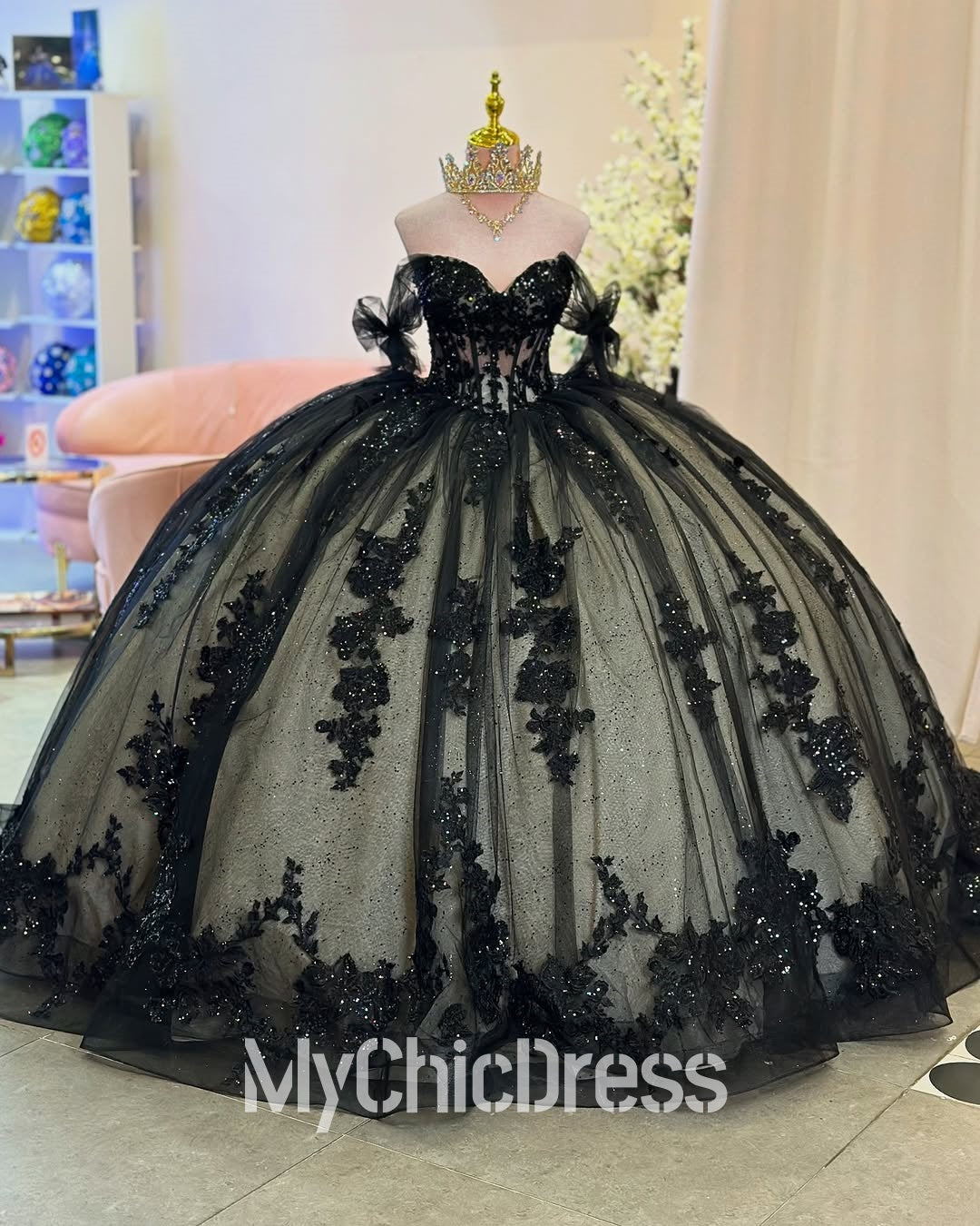 Girls Black Quinceanera Dresses for Sale Off the Shoulder Lace Applique Mychicdress