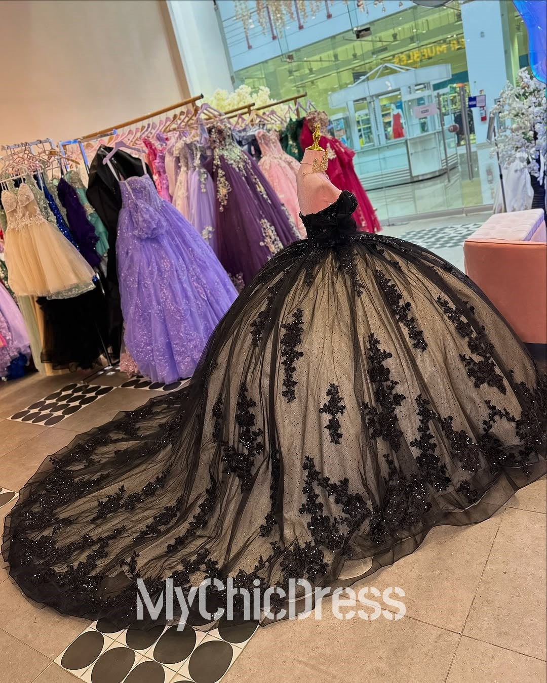 Girls Black Quinceanera Dresses for Sale Off the Shoulder Lace Applique Mychicdress