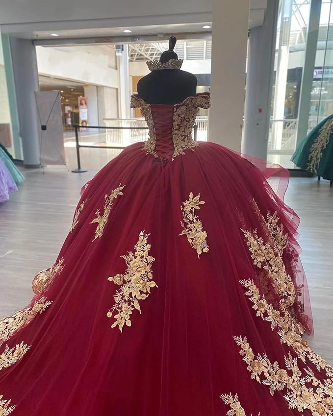 Girls Red Gold Mexican Quinceanera Dresses 3D Flower Pattern Ball Gowns Mychicdress
