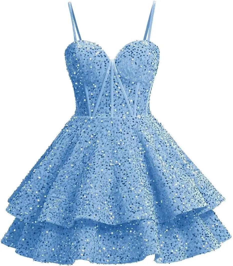 Girls Sequin Red Homecoming Dresses Corset Tiered Cocktail Dress