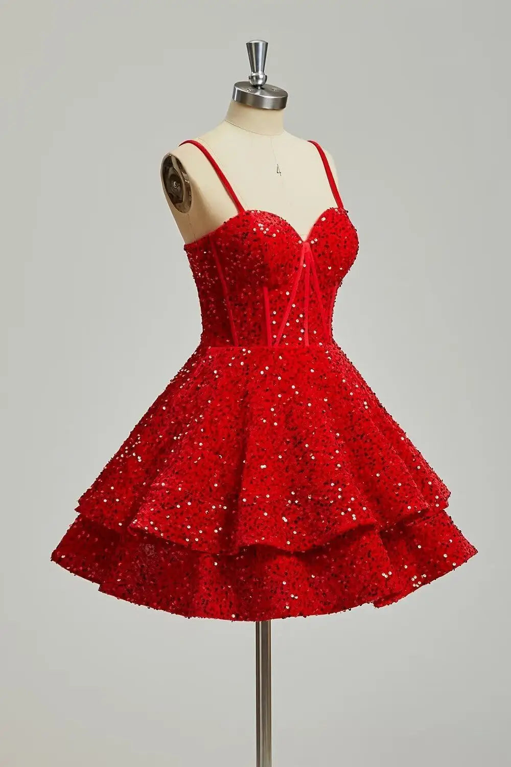 Girls Sequin Red Homecoming Dresses Corset Tiered Cocktail Dress