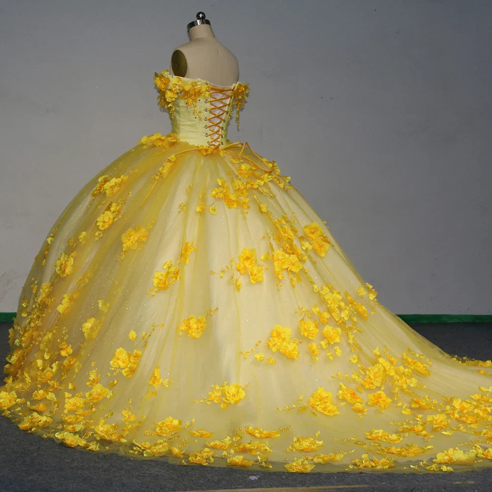 Girls Yellow Quinceanera Dress with Flowers for sale Off the Shoulder Mychicdress