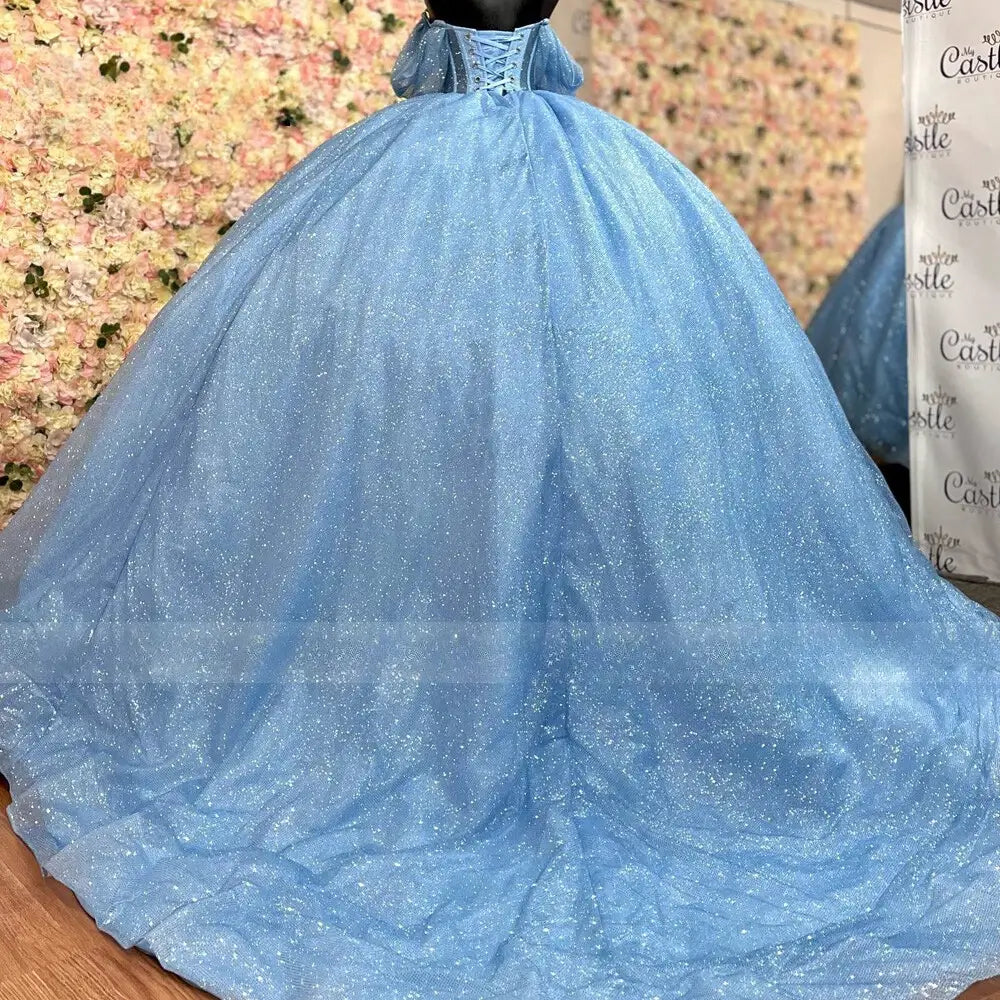 Glitter Ball Gown Blue Quince Dresses for Sweet 15 Off Shoulder