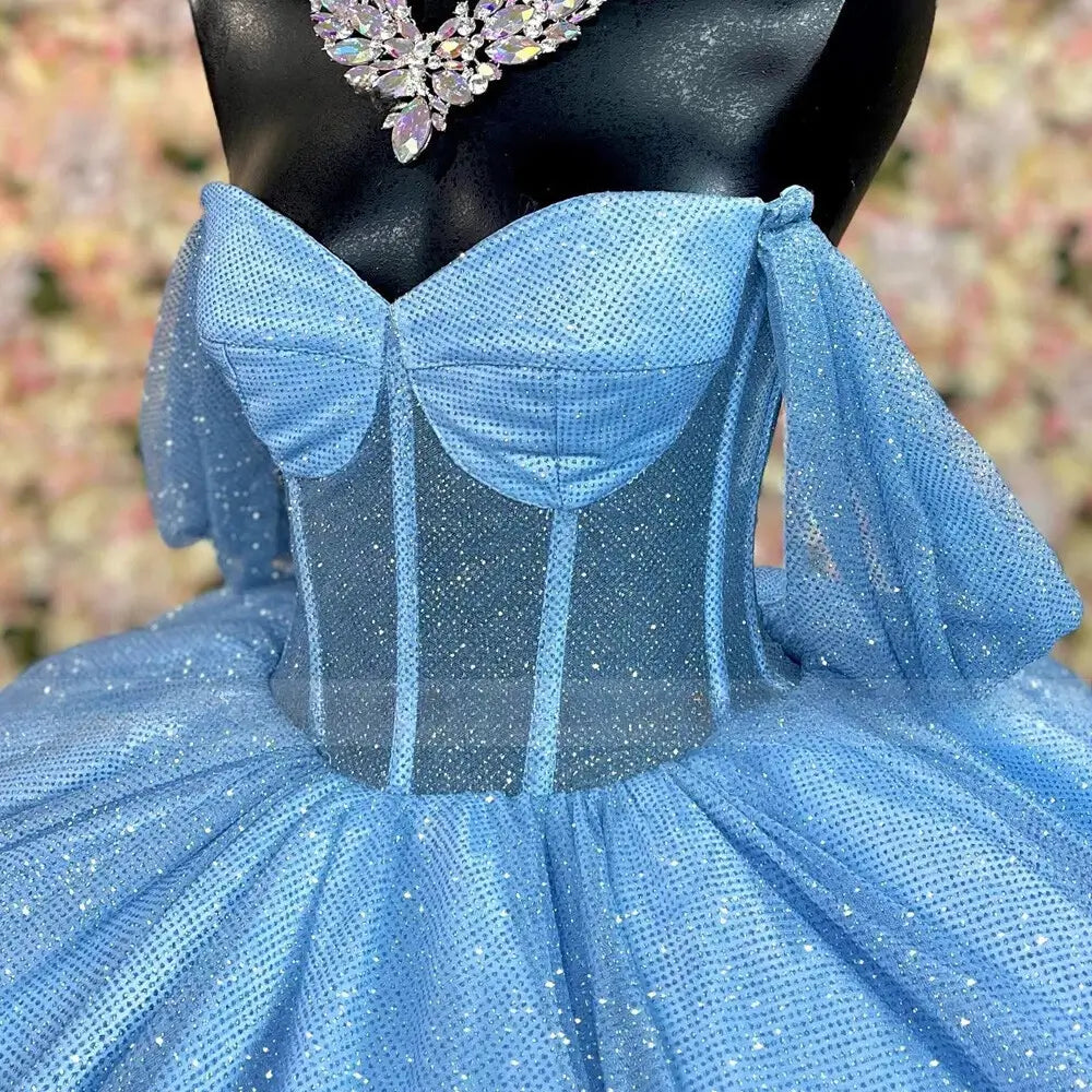 Glitter Ball Gown Blue Quince Dresses for Sweet 15 Off Shoulder
