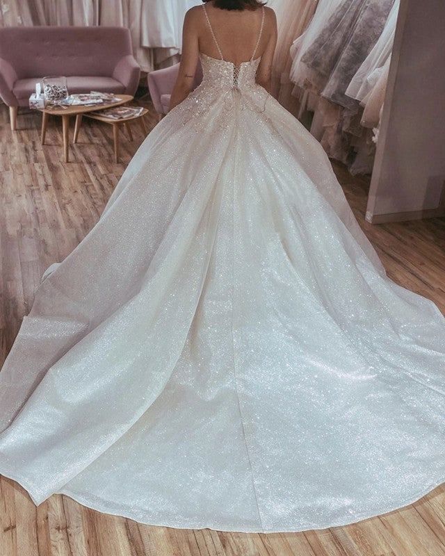 Glitter Ball Gown Sequin Embroidery Wedding Dress V Neck Sleeveless
