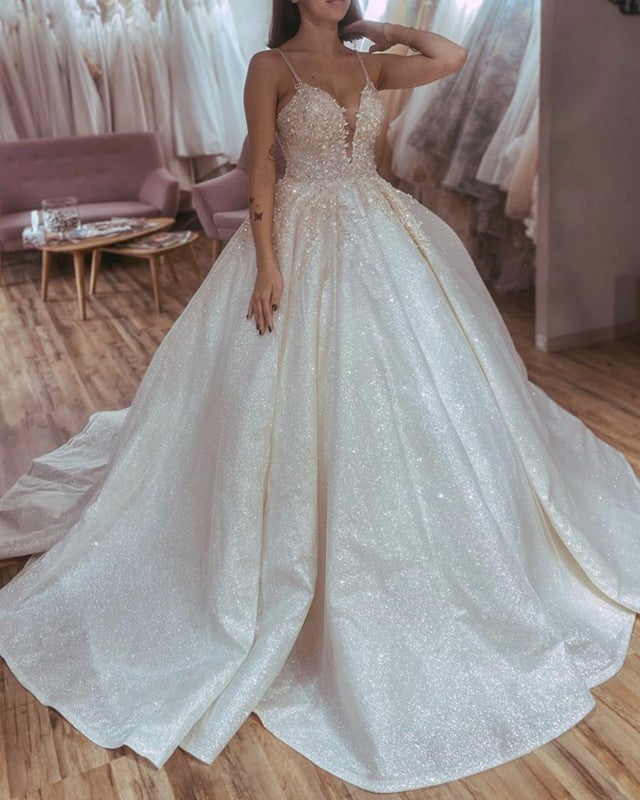 Glitter Ball Gown Sequin Embroidery Wedding Dress V Neck Sleeveless