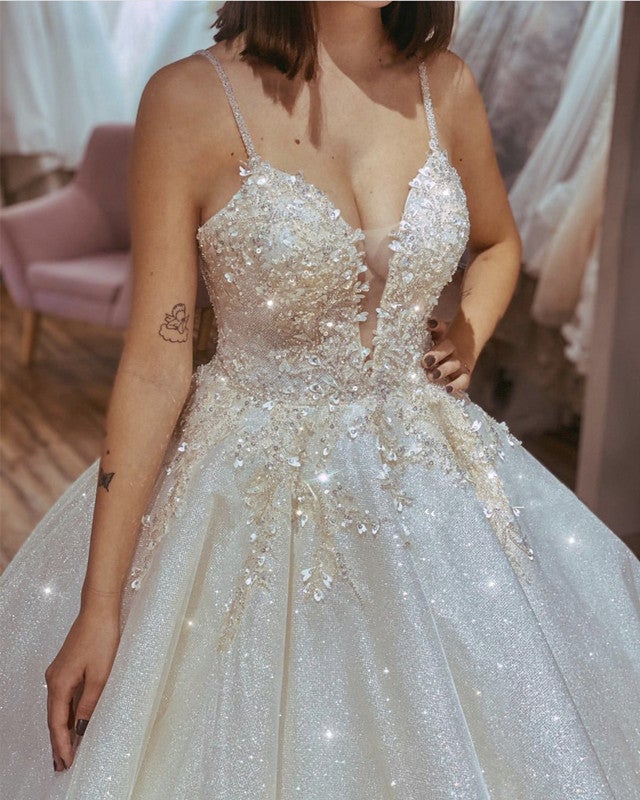Glitter Ball Gown Sequin Embroidery Wedding Dress V Neck Sleeveless