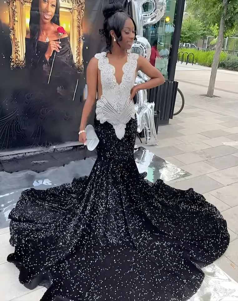 black and white evening gown Glitter Formal Dress For Girl with Beads Crystals Prom Gown