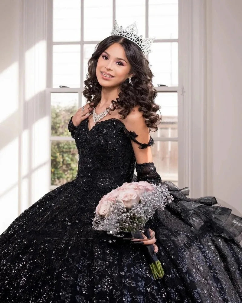Glitter Black Quinceanera Dresses Gothic Vestido De 15 Anos Sequin Ruffles