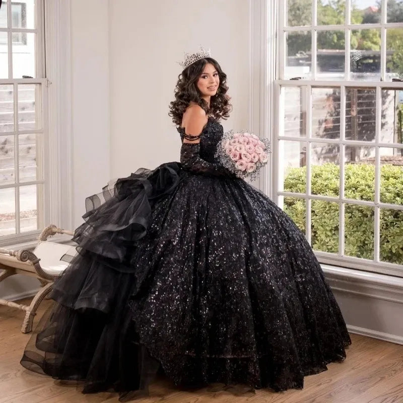 Glitter Black Quinceanera Dresses Gothic Vestido De 15 Anos Sequin Ruffles