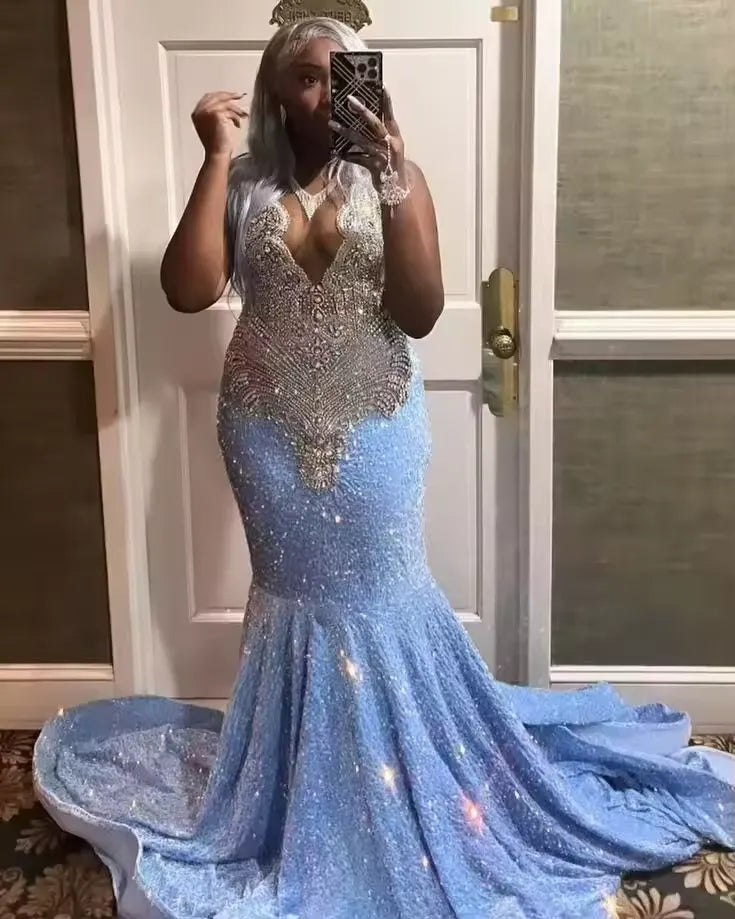blue and silver mermaid-style dress Glitter Formal Dress For Girl with Beads Crystals Prom Gown