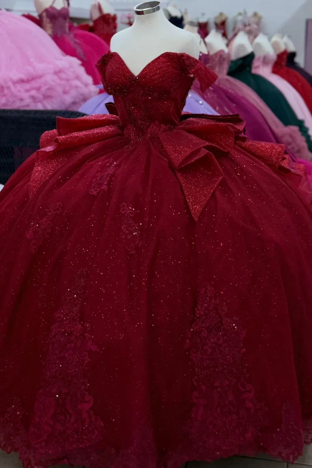 Off Shoulder Glitter Burgundy Quinceañera Dress Appliques with Bow Knot