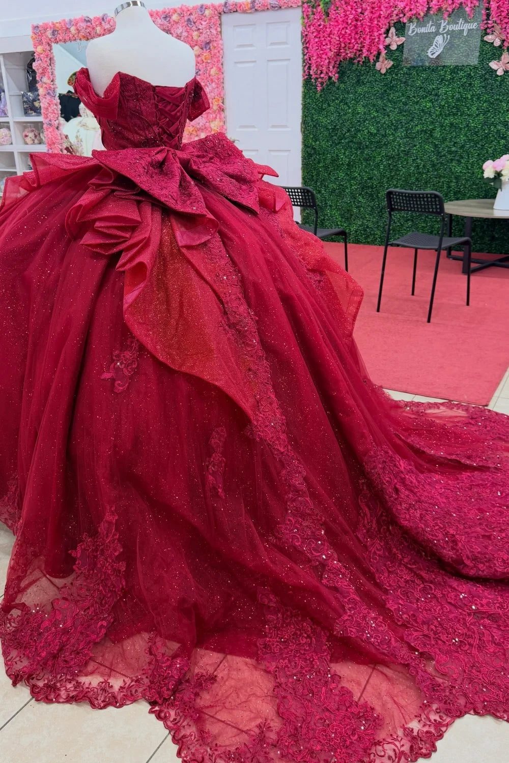 Off Shoulder Glitter Burgundy Quinceañera Dress Appliques with Bow Knot